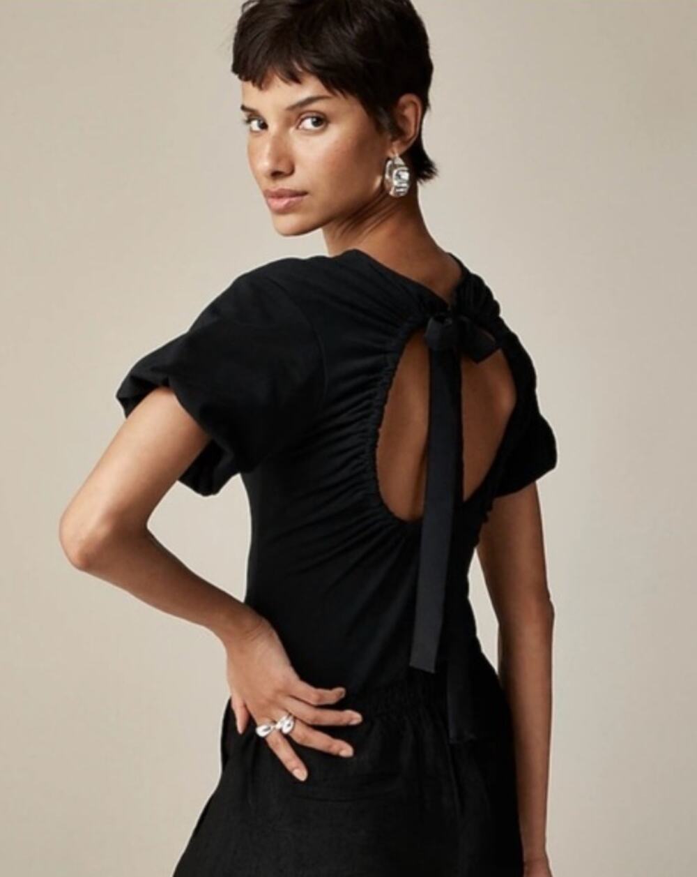 J.Crew Open-Back Puff-Sleeve Top in Stretch Cotton Blend Black Size M NWT $118